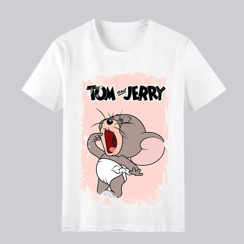2026 Summer Comic Form Tom and Jerry Image 100% Cotton Printed Oversize Casual T-shirt Adult Children Parent-child Top Homewear.