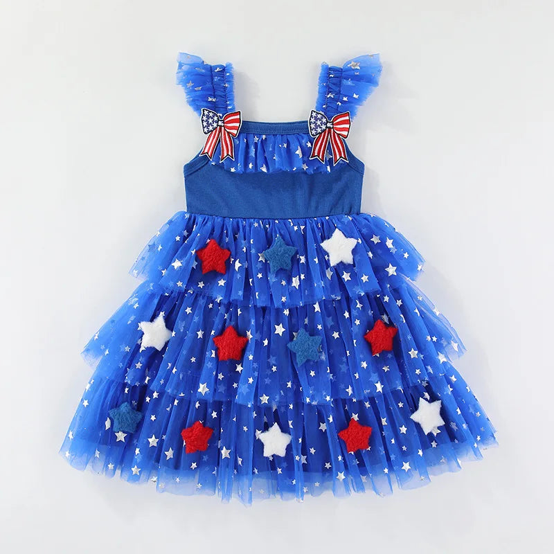 Children Tiered Ruffle Mesh Dresses Girls 4th of July Sleeveless Tutu Dress Star Decor 0-6Y Kids Independence Day Outfit
