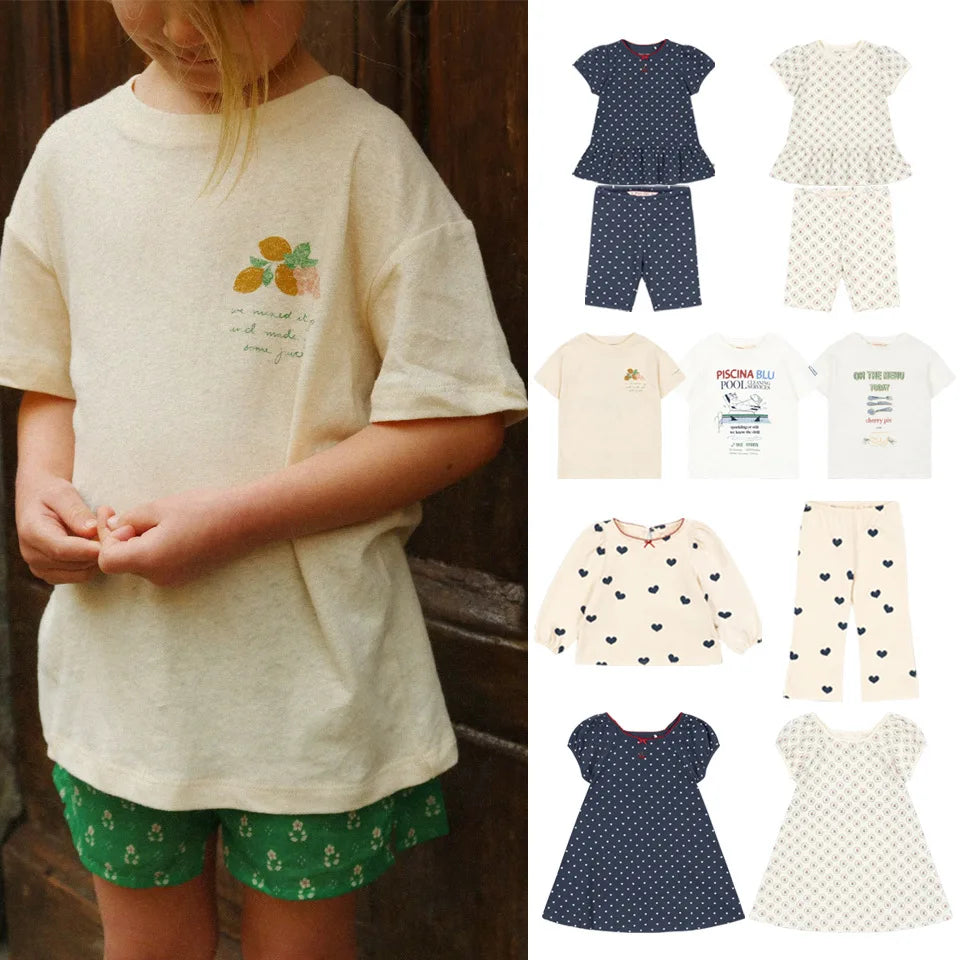 2026 KS Summer Baby Boys Cotton Cartoon T Shirts Shorts Kids Clothes Girls Cherry Dresses T-shirts Cycling Shorts Sets Homewear