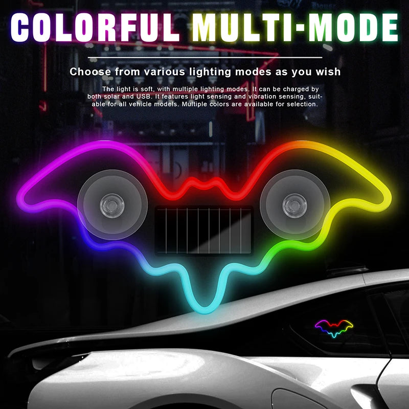1/2pcs Cool Bat Solar Powered Car Neon Light Wireless Led Ambient Light Suction Cup USB Rechargeable Atmosphere Breathing Lamp