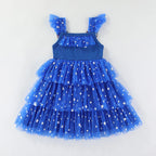 Children Tiered Ruffle Mesh Dresses Girls 4th of July Sleeveless Tutu Dress Star Decor 0-6Y Kids Independence Day Outfit