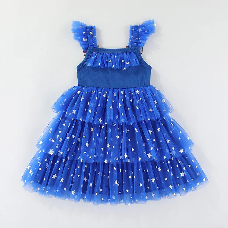 Children Tiered Ruffle Mesh Dresses Girls 4th of July Sleeveless Tutu Dress Star Decor 0-6Y Kids Independence Day Outfit