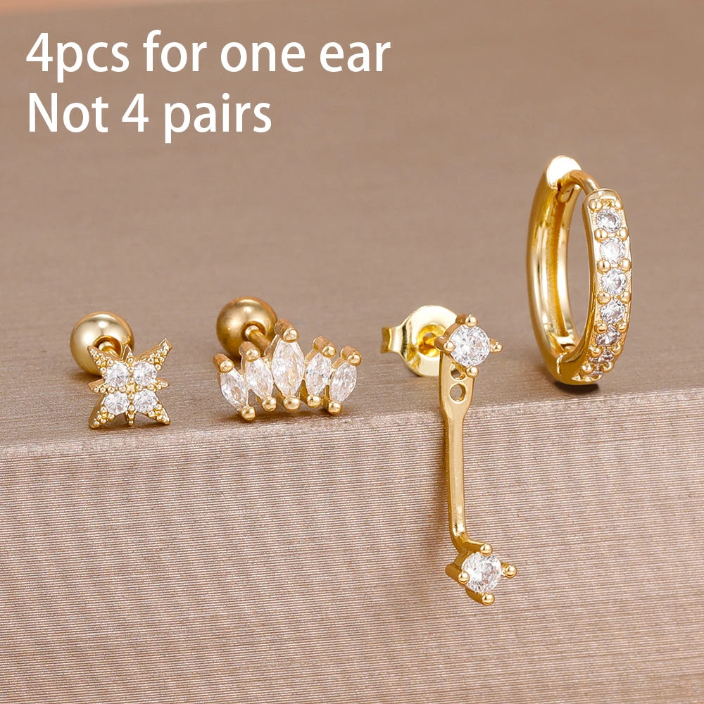 4pcs Korean Stainless Steel Zircon Water Drop Piercing Earrings Set for Women Simple Huggie Square Earring Fashion Jewelry