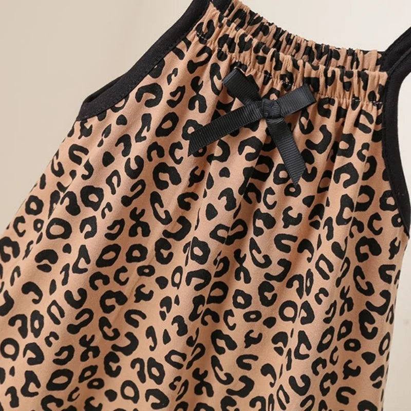 Summer Baby Girls Leopard Print Jumpsuit Infant Sleeveless Suspender One Pieces Bow Decor 0-3Y Toddler Romper Clothes