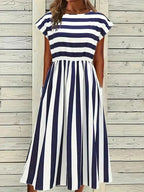 Women Elegant Blue White Stripe Midi Dress Elastic Waist Cap Sleeve Casual A-line Sundress with Pockets for Holiday Daily Wear