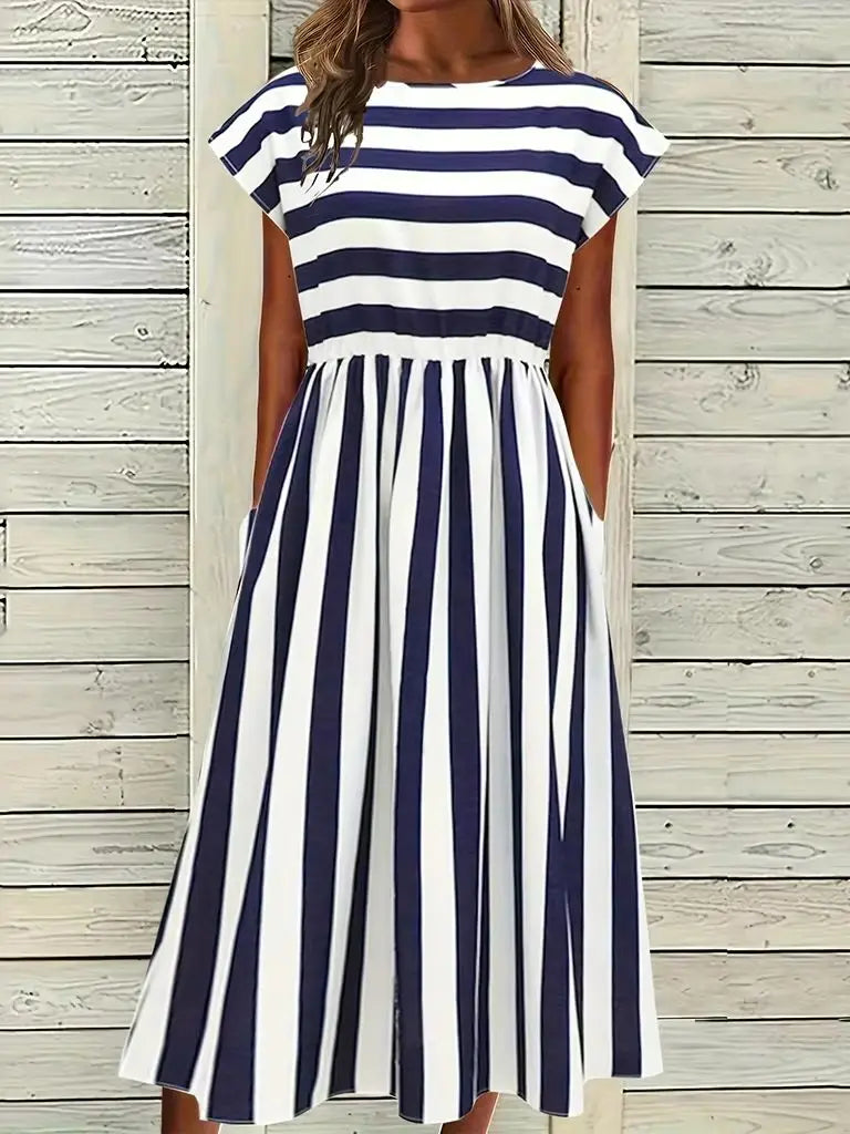 Women Elegant Blue White Stripe Midi Dress Elastic Waist Cap Sleeve Casual A-line Sundress with Pockets for Holiday Daily Wear