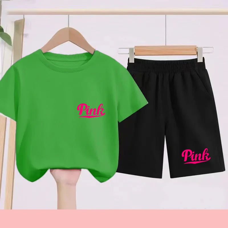 Children's summer multi-color sports short-sleeved T-shirt shorts 2-piece cartoon exquisite print children's first gift