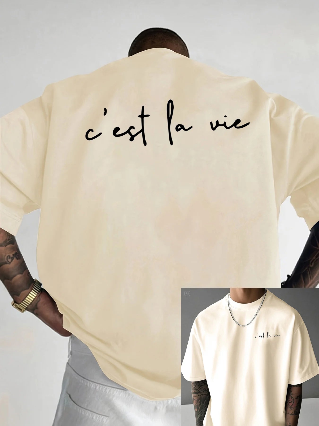 100% pure cotton summer men's fashionable casual loose c'est la vie letter double-sided printed round neck short sleeved T-shirt