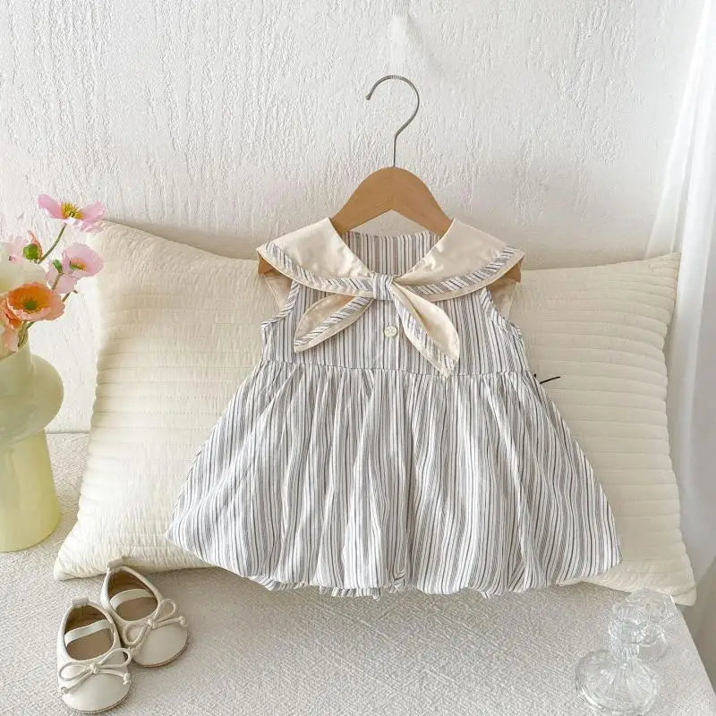 2026 Summer New Girls Preppy Style Striped Vest Dress Cotton Baby Girl Sailor Collar Sleeveless Dress Infant Toddler Clothes