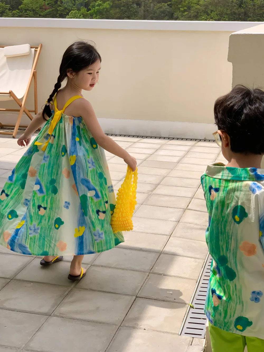 2026 Summer Children Siblings Look Cotton Green Painting Kids Girls Sling Dresses Loose Turn Down Collar Toddler Boys T-shirts