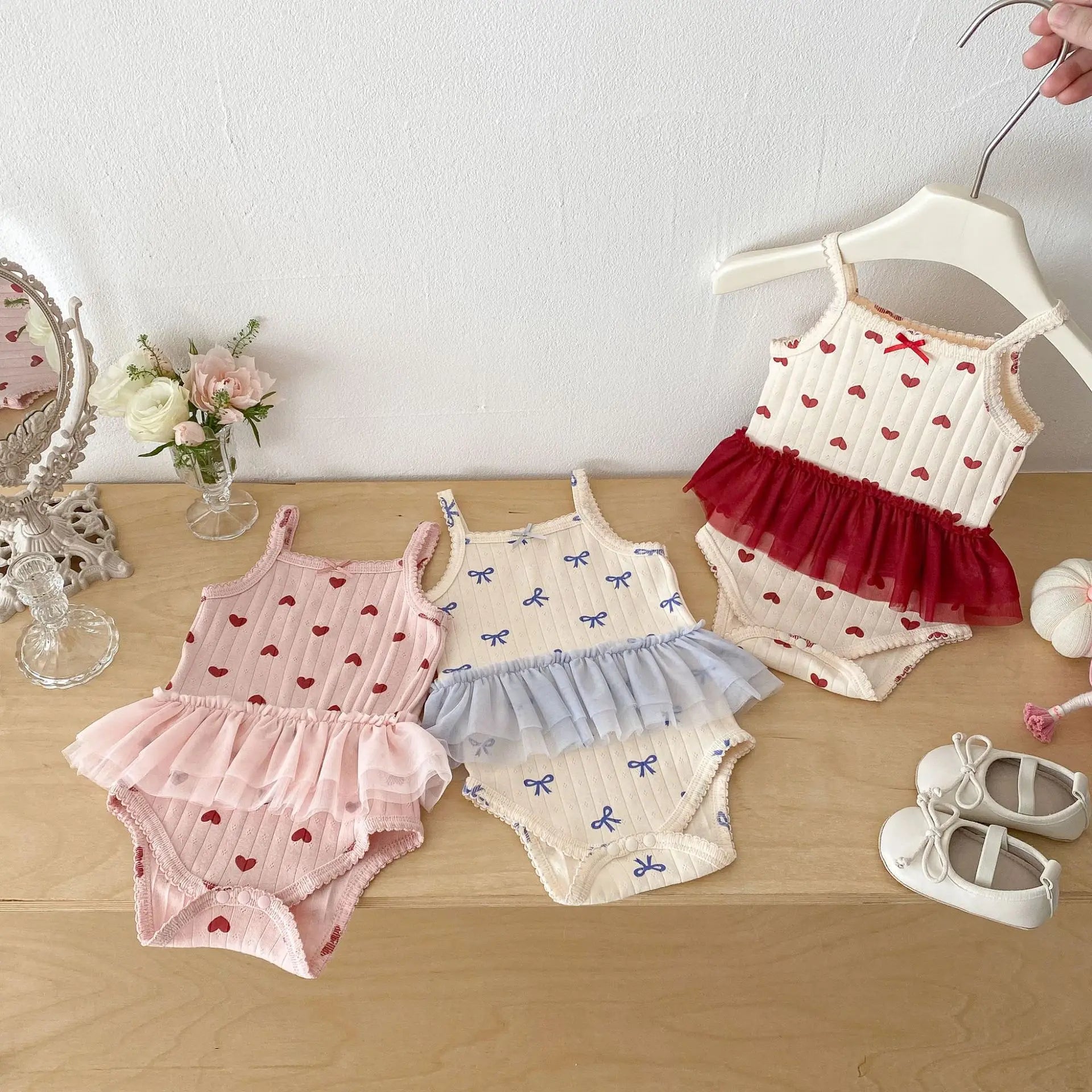 2026 Summer New Baby Sleeveless Sling Bodysuit Cute Infant Girl Heart Print Jumpsuit Cotton Toddler Sling Newborn Clothes 0-24M