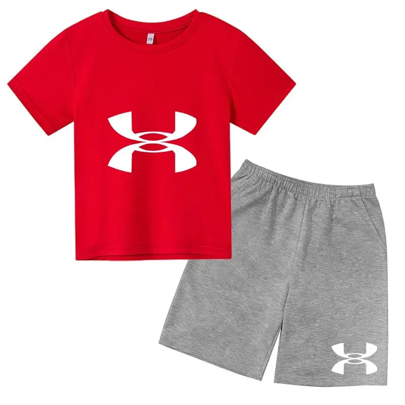 enfants en 2 piècesT-shirt et short de sport à manches courtes pour enfants avec logo imprimé - Ensemble de vêtements de sport