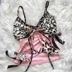 American Harajuku Hottie Camisole Subculture Leopard Patchwork Bow Halter Vest Y2K Aesthetic Letter Print Tanks Women's Slim Top
