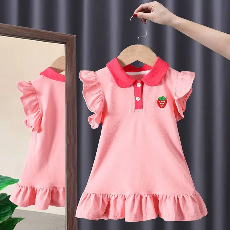 2026 Korean dress  children girls' summer lapel with embroidery  ruffle hem princess dress1-6Y