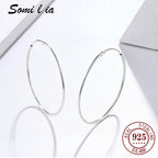 SOMILIA 925 Sterling Silver Platinum Big Hoop Earrings for Women Real Money Jewelry Female Fashion Womens Fine Earrings 10-90mm