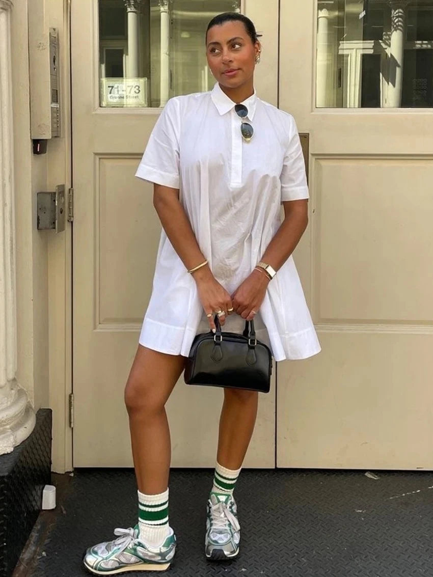 Summer Loose White Cotton Women's Dress  Casual Lapel Short Sleeve Mini Dresses Elegant Classic Solid Female Dress