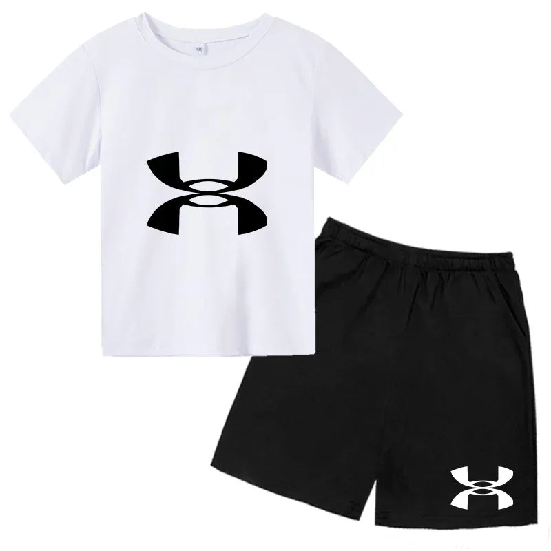 enfants en 2 piècesT-shirt et short de sport à manches courtes pour enfants avec logo imprimé - Ensemble de vêtements de sport