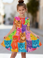 Girl Clothes Cartoon Cat Graphic Printed Girls' Princess Dress Summer Casual Dress for Girls Outfit O-Neck Birthday Gift Clothes
