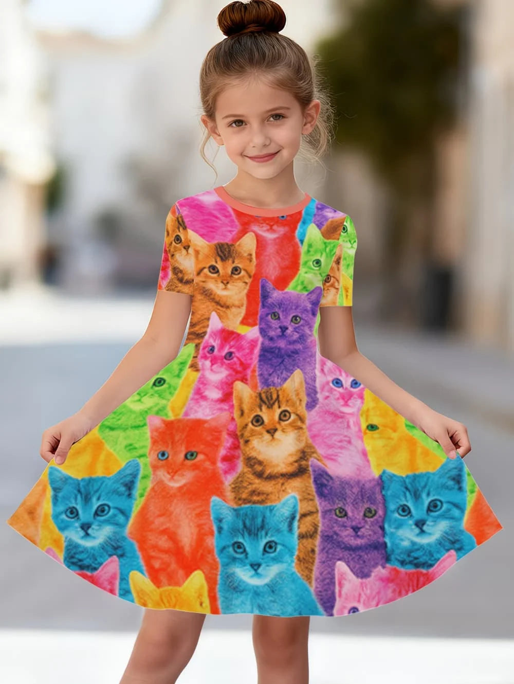 Girl Clothes Cartoon Cat Graphic Printed Girls' Princess Dress Summer Casual Dress for Girls Outfit O-Neck Birthday Gift Clothes