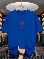 Men's summer 100% pure cotton fashionable casual loose rose pattern printed round neck short sleeved T-shirt top