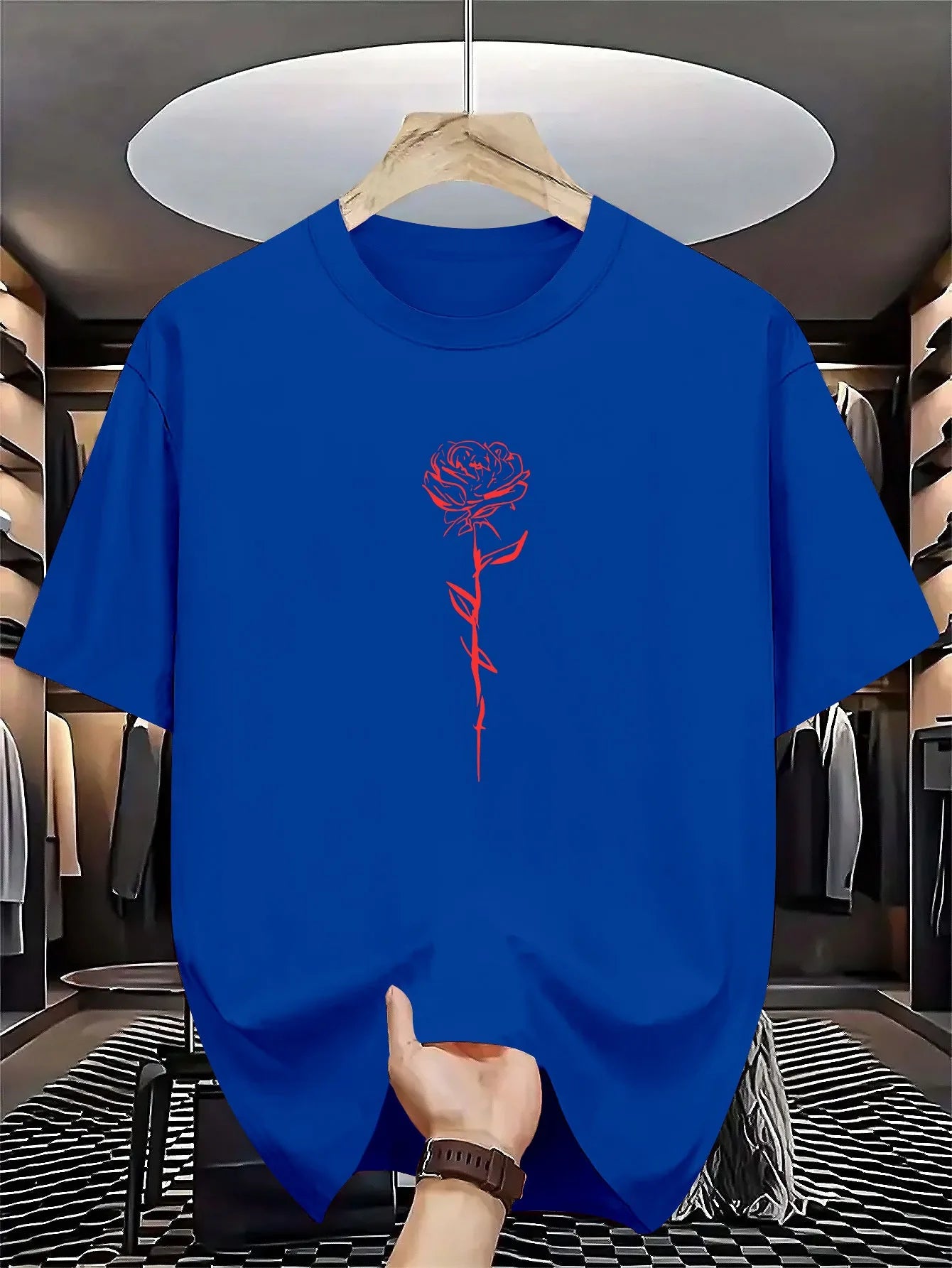Men's summer 100% pure cotton fashionable casual loose rose pattern printed round neck short sleeved T-shirt top