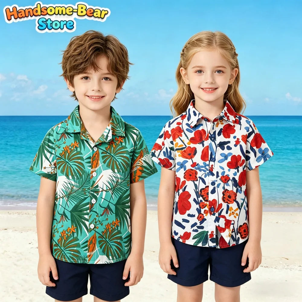 Hawaiian Children's Shirt Plant Flower Pattern Print Kids's Short Sleeved Shirt Holiday Seaside Tops Outdoor Children's Clothing