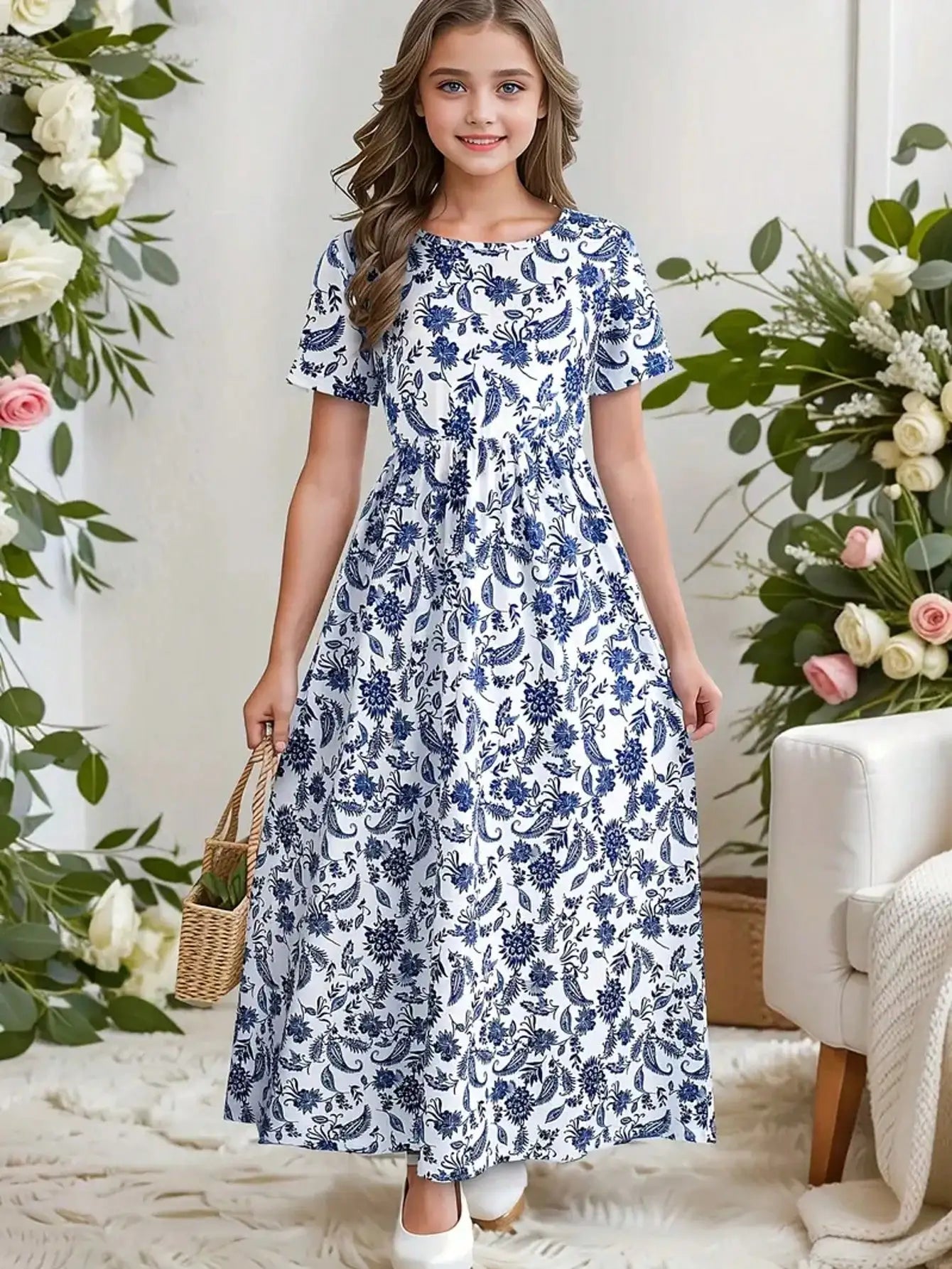 2026 casual Bohemian style paisley patterned short sleeved mid length dress, girls' holiday casual dress, summer gift