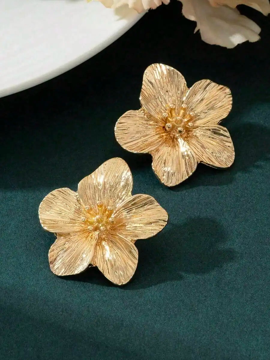 Gold Floral Stud Earrings with Textured Petals and Beaded Center for Women