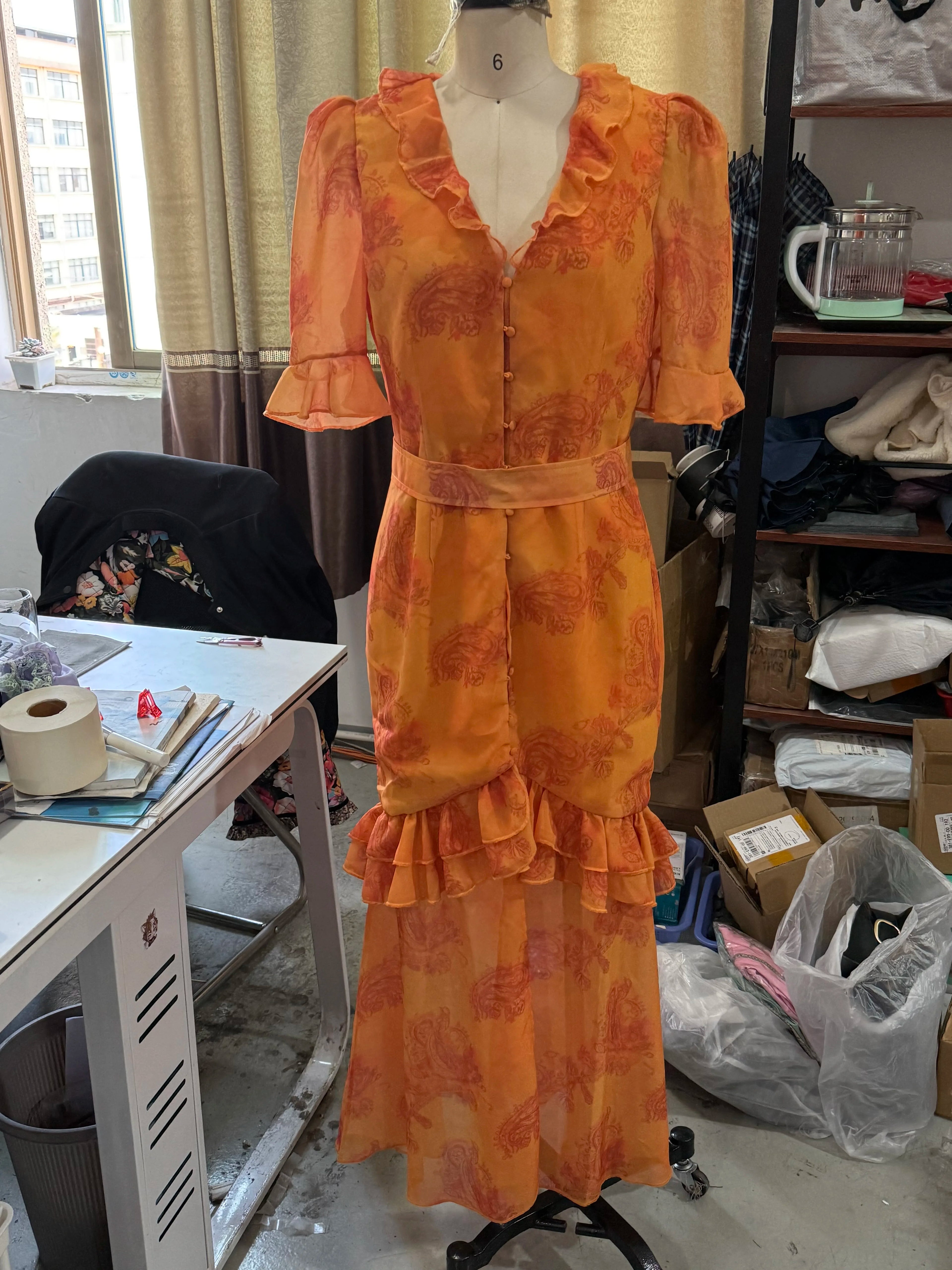 Floral Printed Chiffon V-neck Maxi Dress Ruffle Trim Puff Short Sleeve Waist Belted Slit Robe 2026 Lady Elegant Party Vestidos