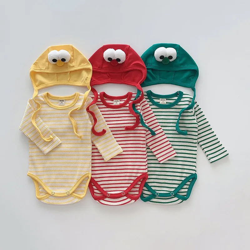 2026 Spring New Baby Long Sleeve Bodysuit + Hat Infant Girls Cute Thin Striped Jumpsuit Newborn Toddler Cotton Clothes 0-24M