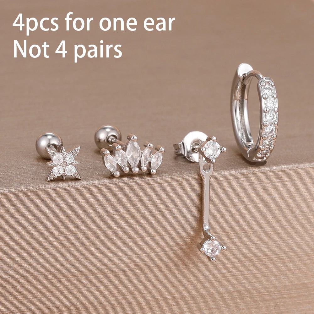 4pcs Korean Stainless Steel Zircon Water Drop Piercing Earrings Set for Women Simple Huggie Square Earring Fashion Jewelry