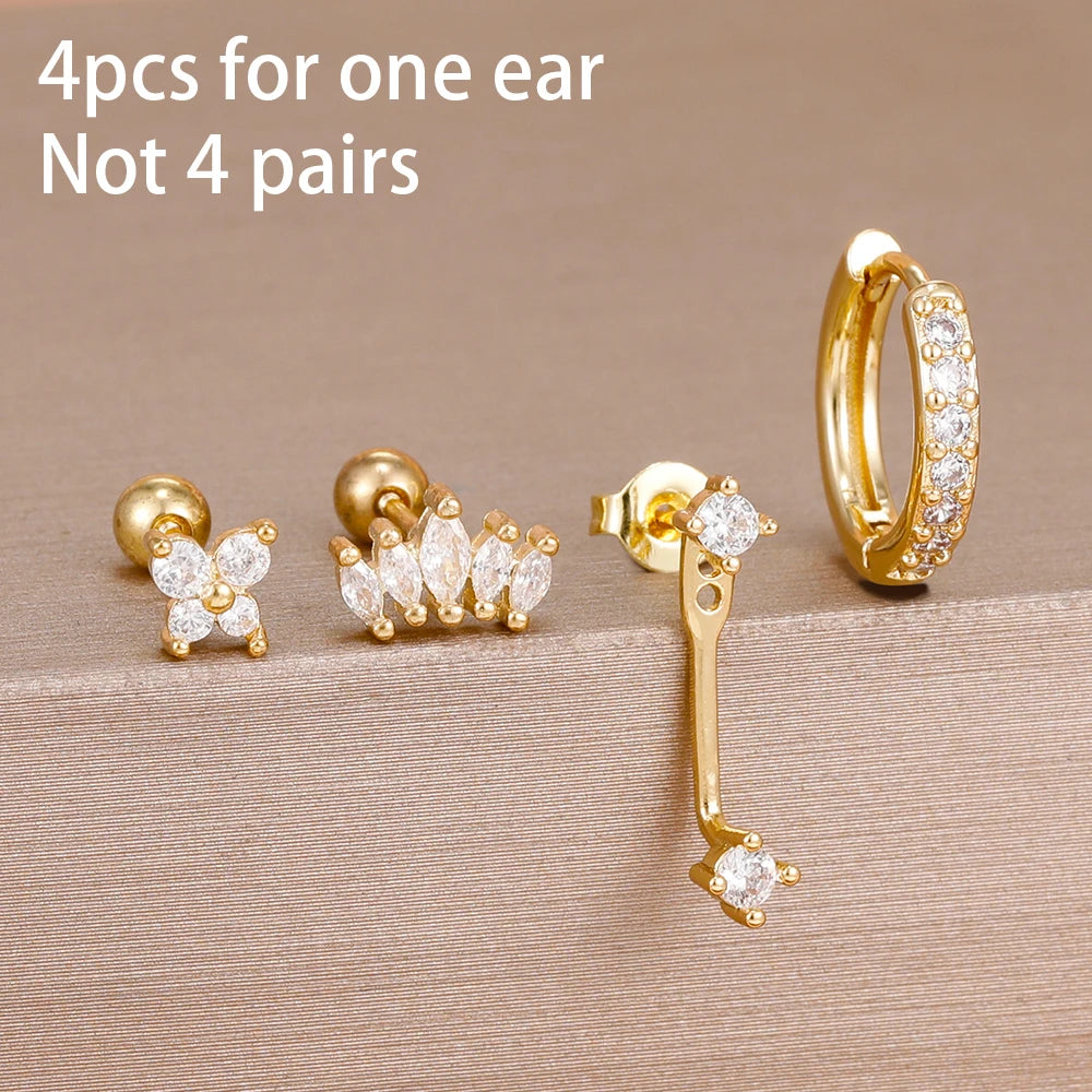 4pcs Korean Stainless Steel Zircon Water Drop Piercing Earrings Set for Women Simple Huggie Square Earring Fashion Jewelry
