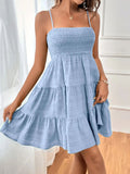 Women's Fashion Spaghetti Strap Smocked Bustier Mini Dress Blue Ruffled Tiered Swing Dress Summer Casual Vacation Beach Wear