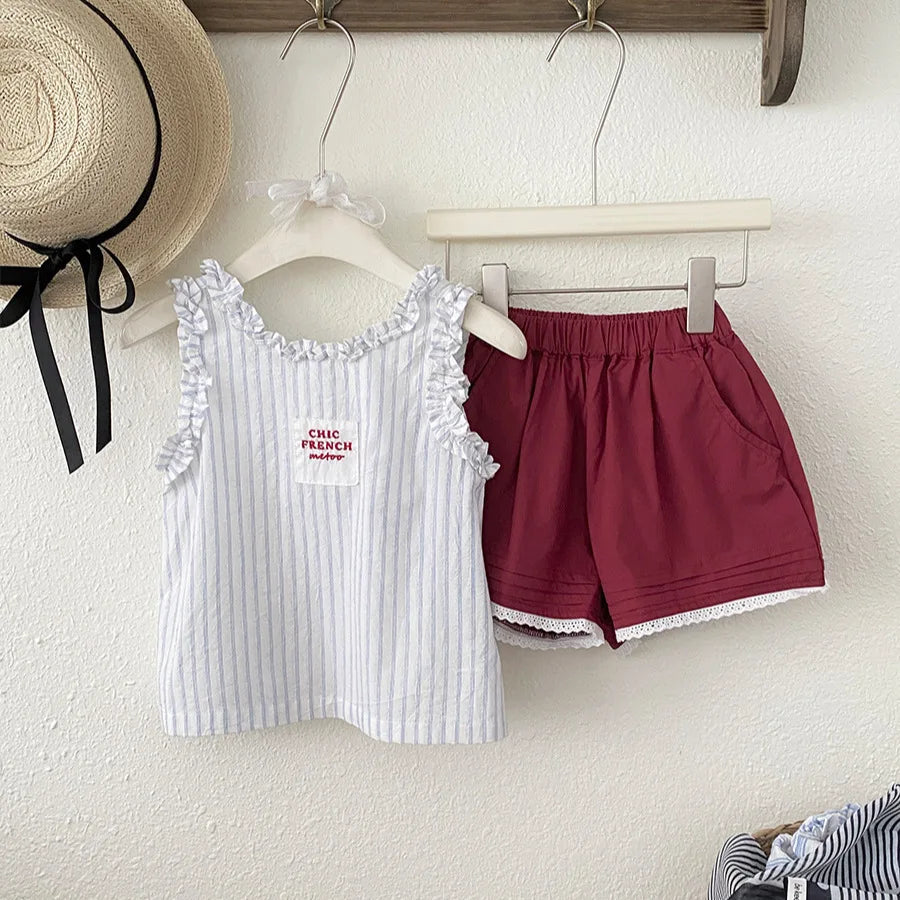 2026 Summer New Girls Sleeveless T Shirts Baby Girl Cute Lace Vest Cotton Striped Toddler Thin Breathable Tops Kids Clothes