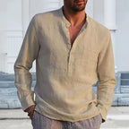 Cotton Linen Hot Sale Men's Long-Sleeved Shirts Summer Solid Color Stand-Up Collar Casual Beach Style Plus Size
