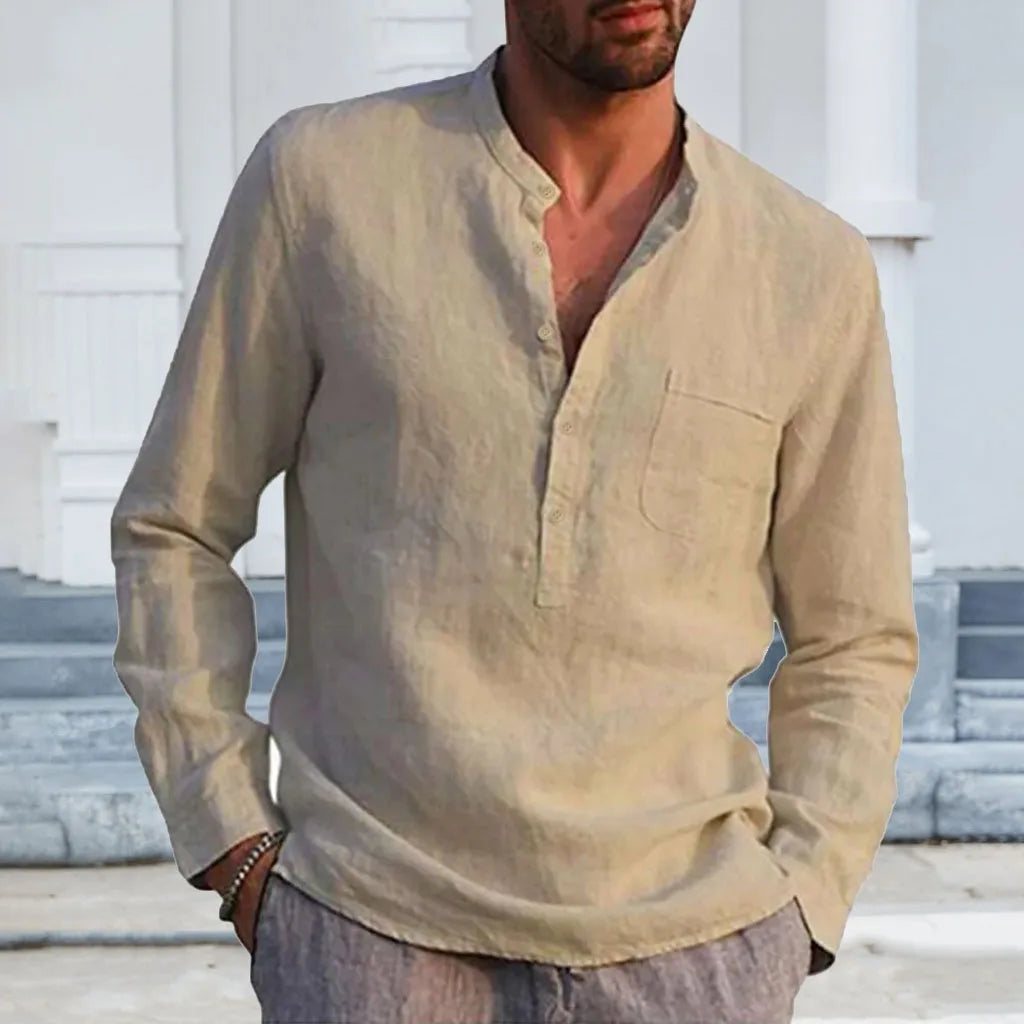 Cotton Linen Hot Sale Men's Long-Sleeved Shirts Summer Solid Color Stand-Up Collar Casual Beach Style Plus Size
