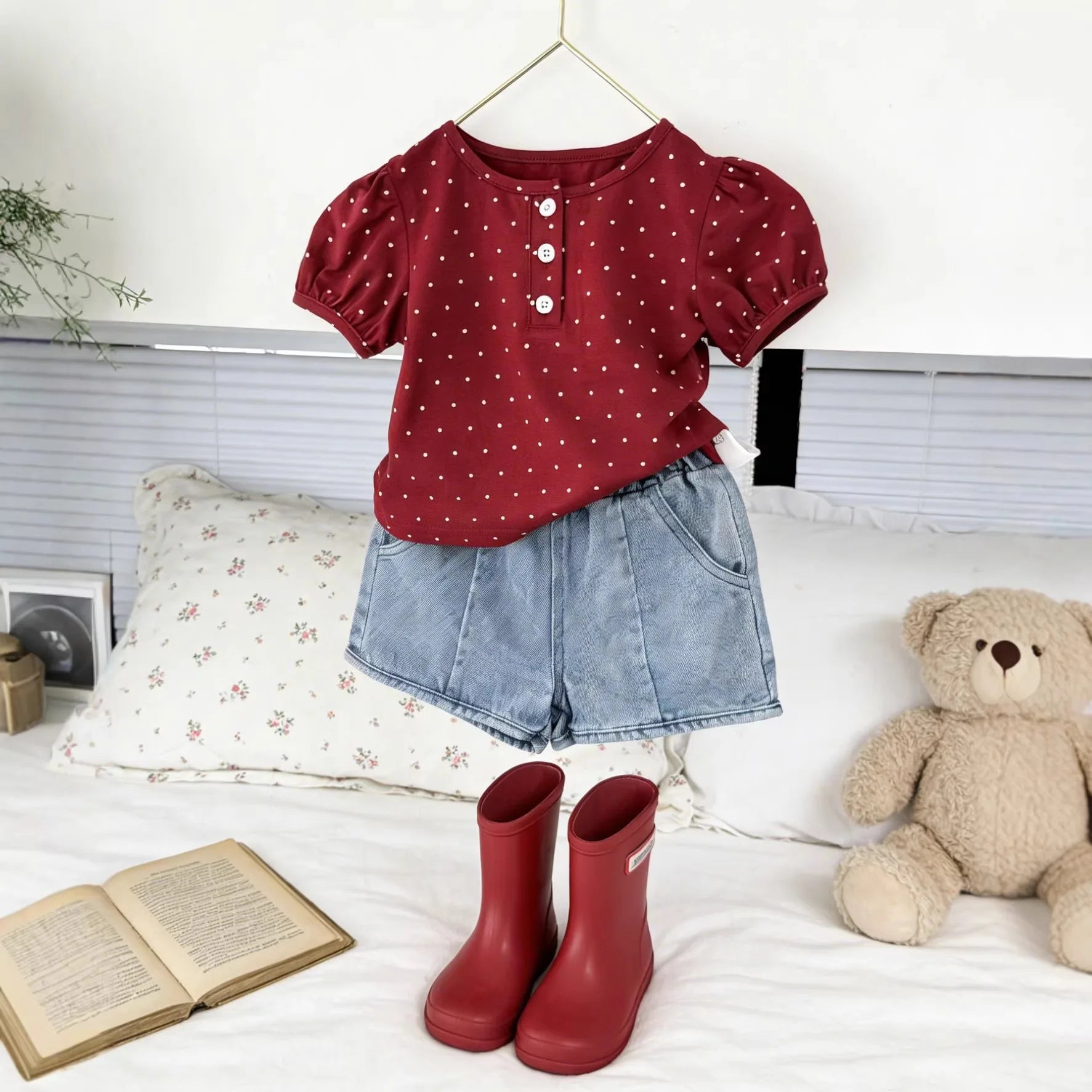 2026 Summer New Girls Short Sleeve T Shirts Cute Baby Girl Polka Dot Puff Sleeve Tops Cotton Infant Toddler Tee Kids Clothes