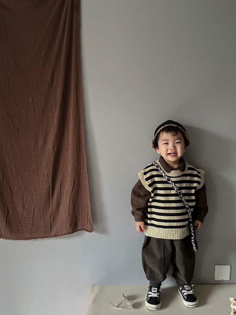 Autumn Baby Boys Striped Sweater Vest Children Cotton Cashmere Pullovers Waistcoat Kids Clothes Toddler Girls Sleeveless Sweater
