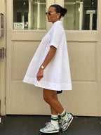 Summer Loose White Cotton Women's Dress  Casual Lapel Short Sleeve Mini Dresses Elegant Classic Solid Female Dress