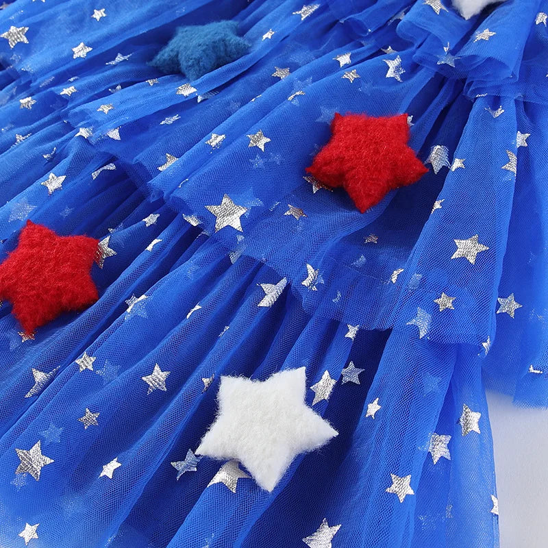 Children Tiered Ruffle Mesh Dresses Girls 4th of July Sleeveless Tutu Dress Star Decor 0-6Y Kids Independence Day Outfit