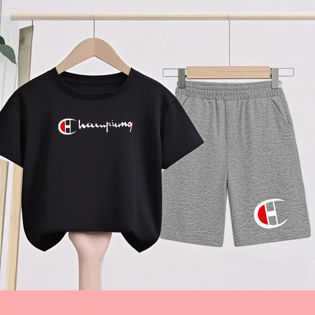 Children's Set - Summer Boys and Girls Sports T-Shirts Casual Short-Sleeved Shorts Set (Two-Piece) Suitable for 2 To13 Years Old