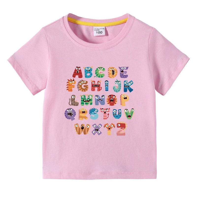 Boys Girls T-Shirt 26 Letters Print Black 100% Cotton Short Sleeve Tee Soft Casual Summer Tops for Kids Children