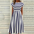 Women Elegant Blue White Stripe Midi Dress Elastic Waist Cap Sleeve Casual A-line Sundress with Pockets for Holiday Daily Wear