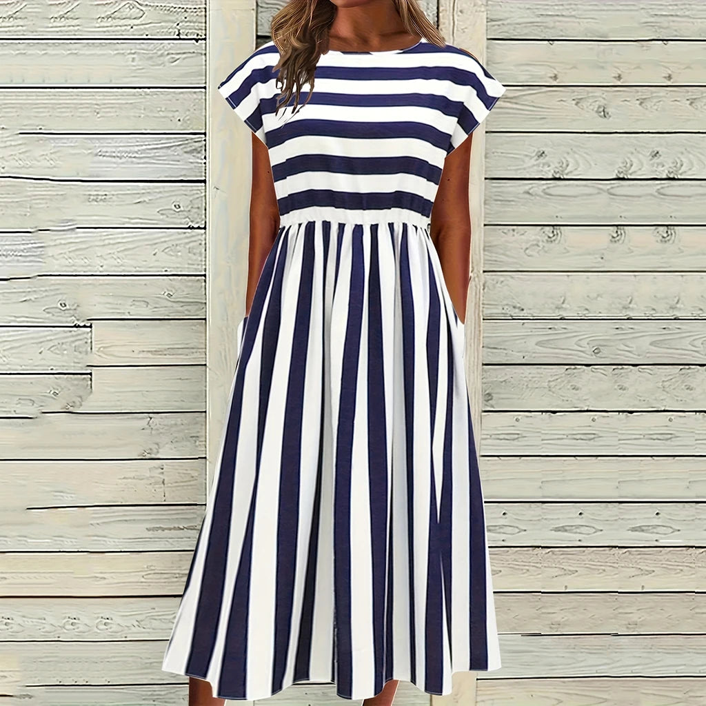 Women Elegant Blue White Stripe Midi Dress Elastic Waist Cap Sleeve Casual A-line Sundress with Pockets for Holiday Daily Wear