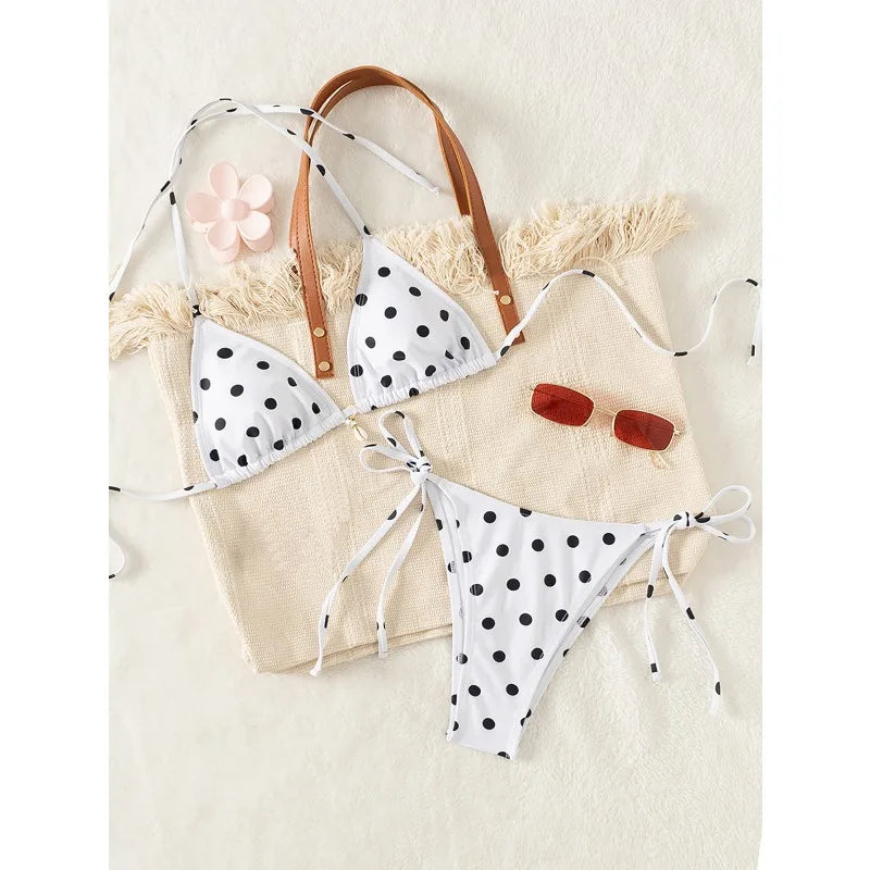 Sexy Leopard Print Two Piece Swimsuit Set Triangle Bra Suspender Halter Backless Bikini Set Beach Vacation Lace-up Swimwear