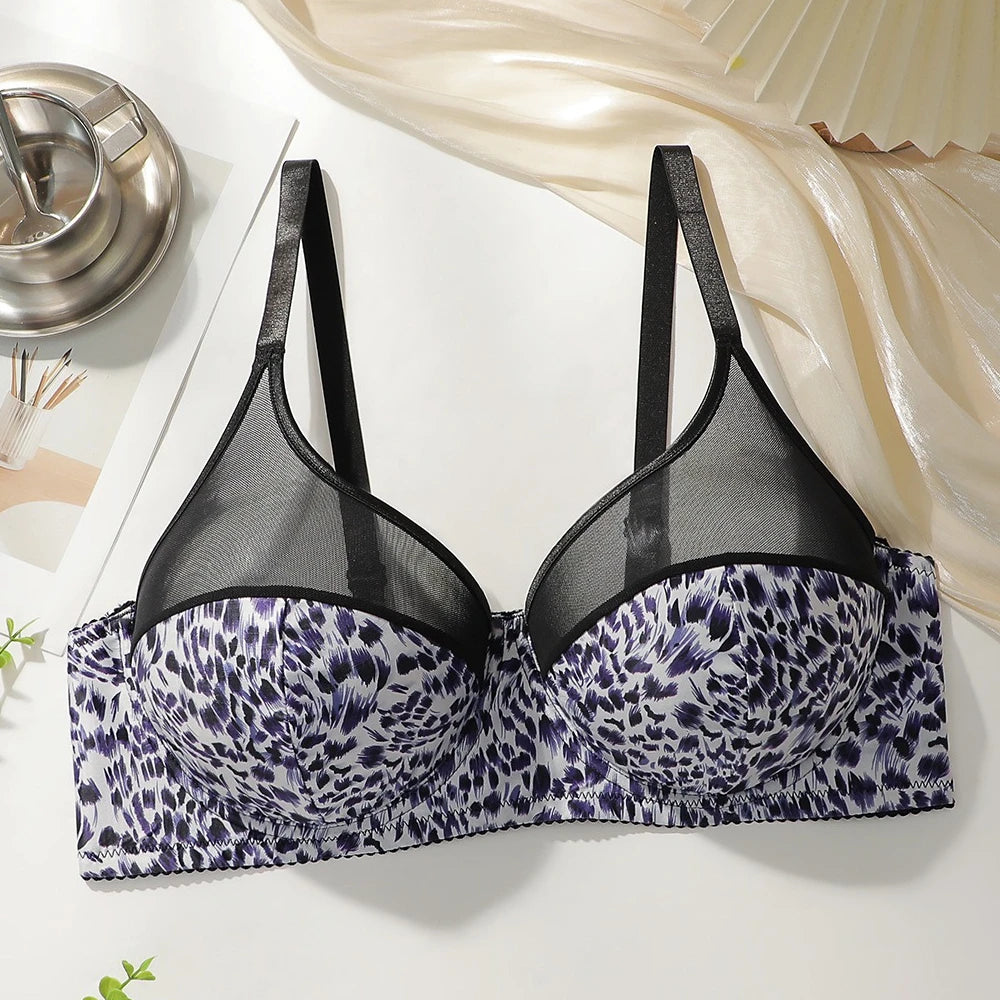 Leopard Print Plus Size Bra Sexy Mesh Push Up Lift Adjustable Bras Comfortable Anti Sagging Women Underwear