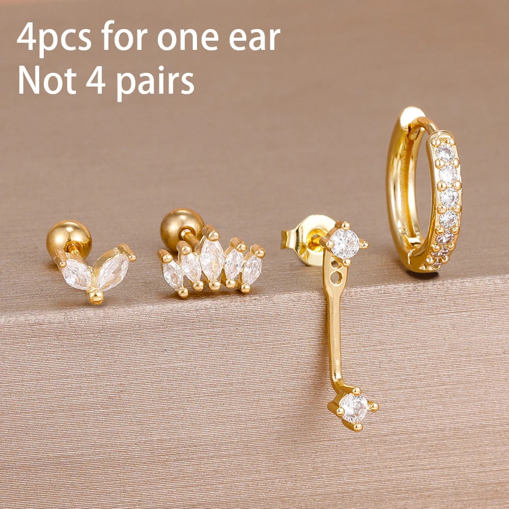 4pcs Korean Stainless Steel Zircon Water Drop Piercing Earrings Set for Women Simple Huggie Square Earring Fashion Jewelry