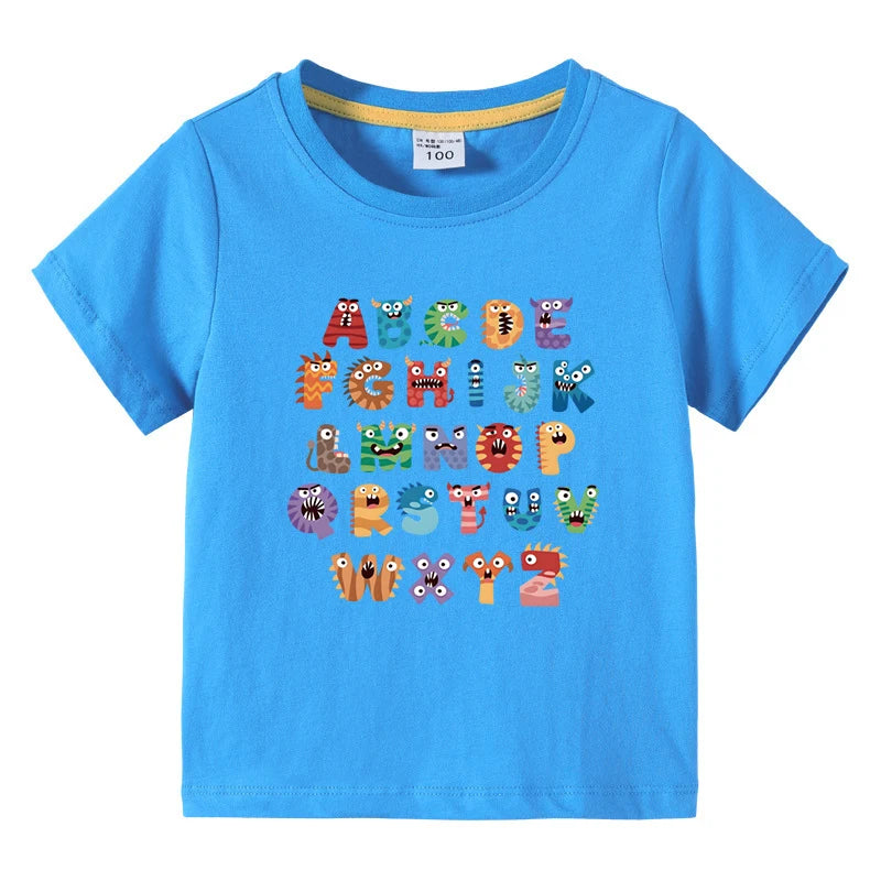 Boys Girls T-Shirt 26 Letters Print Black 100% Cotton Short Sleeve Tee Soft Casual Summer Tops for Kids Children