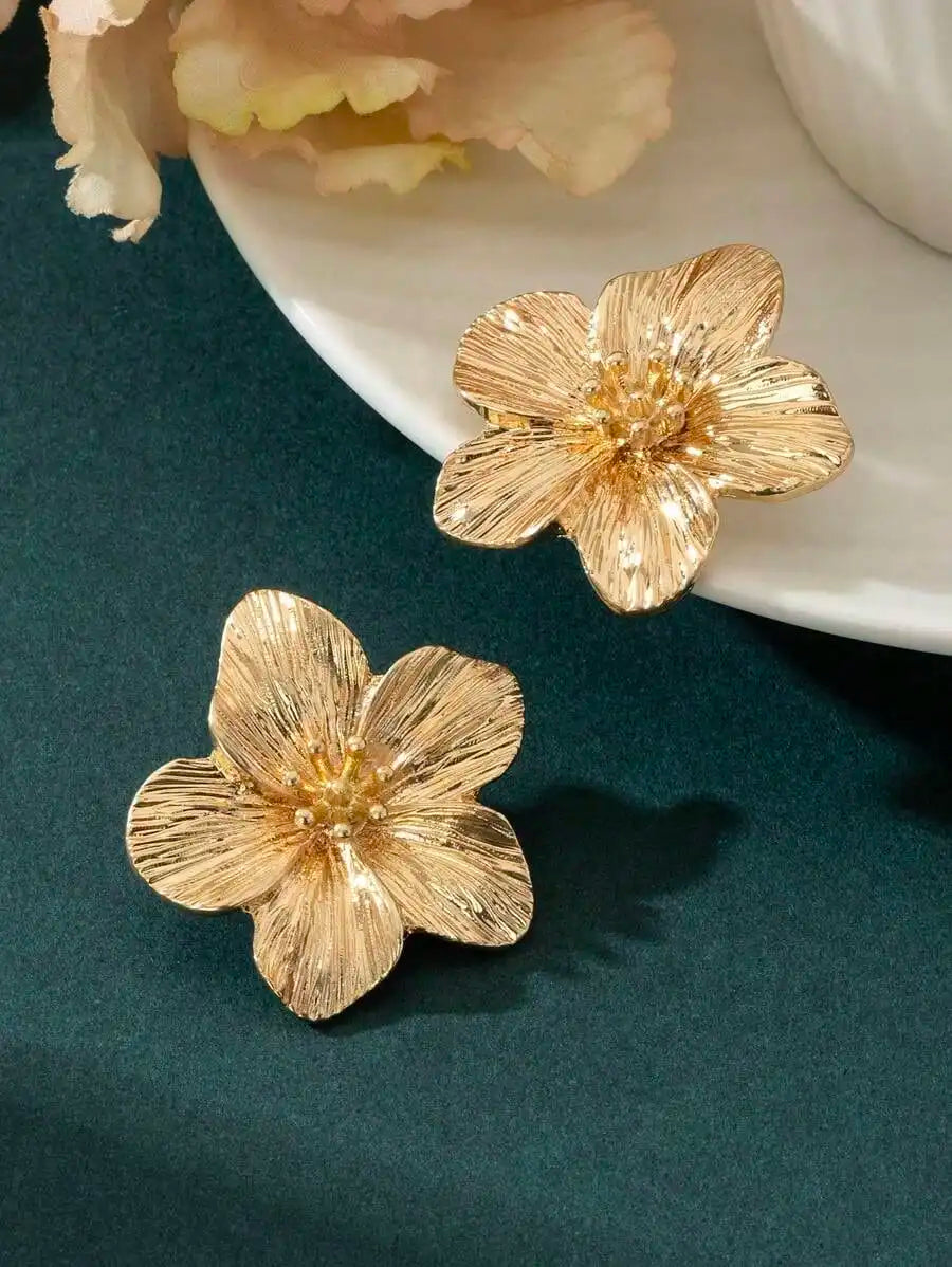 Gold Floral Stud Earrings with Textured Petals and Beaded Center for Women