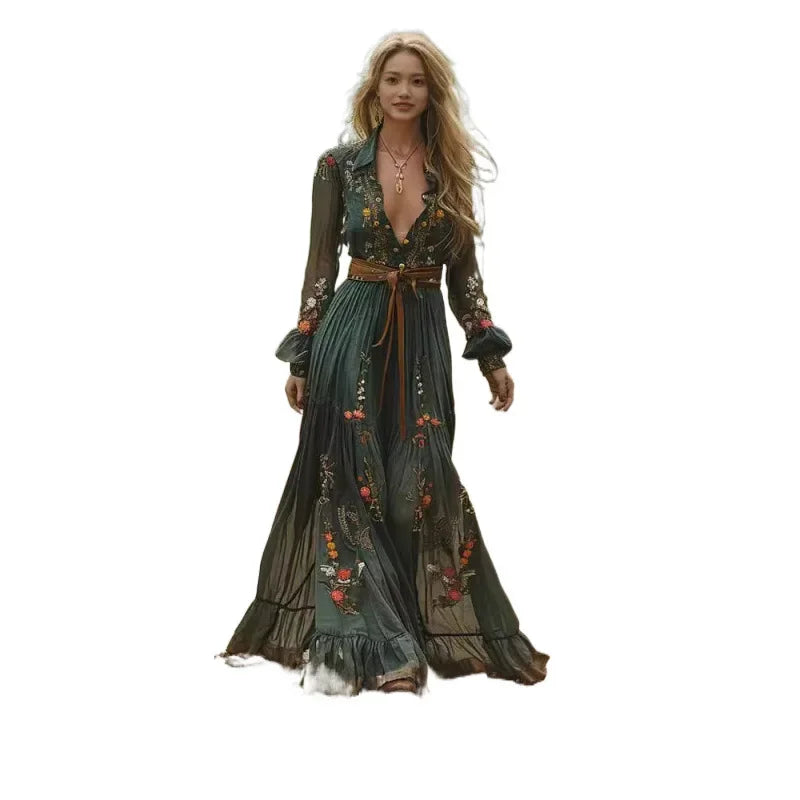 2026 Ethnic Bohemian Print Vacation Beach Dress V Neck High Waist Floral Flower Long Dress